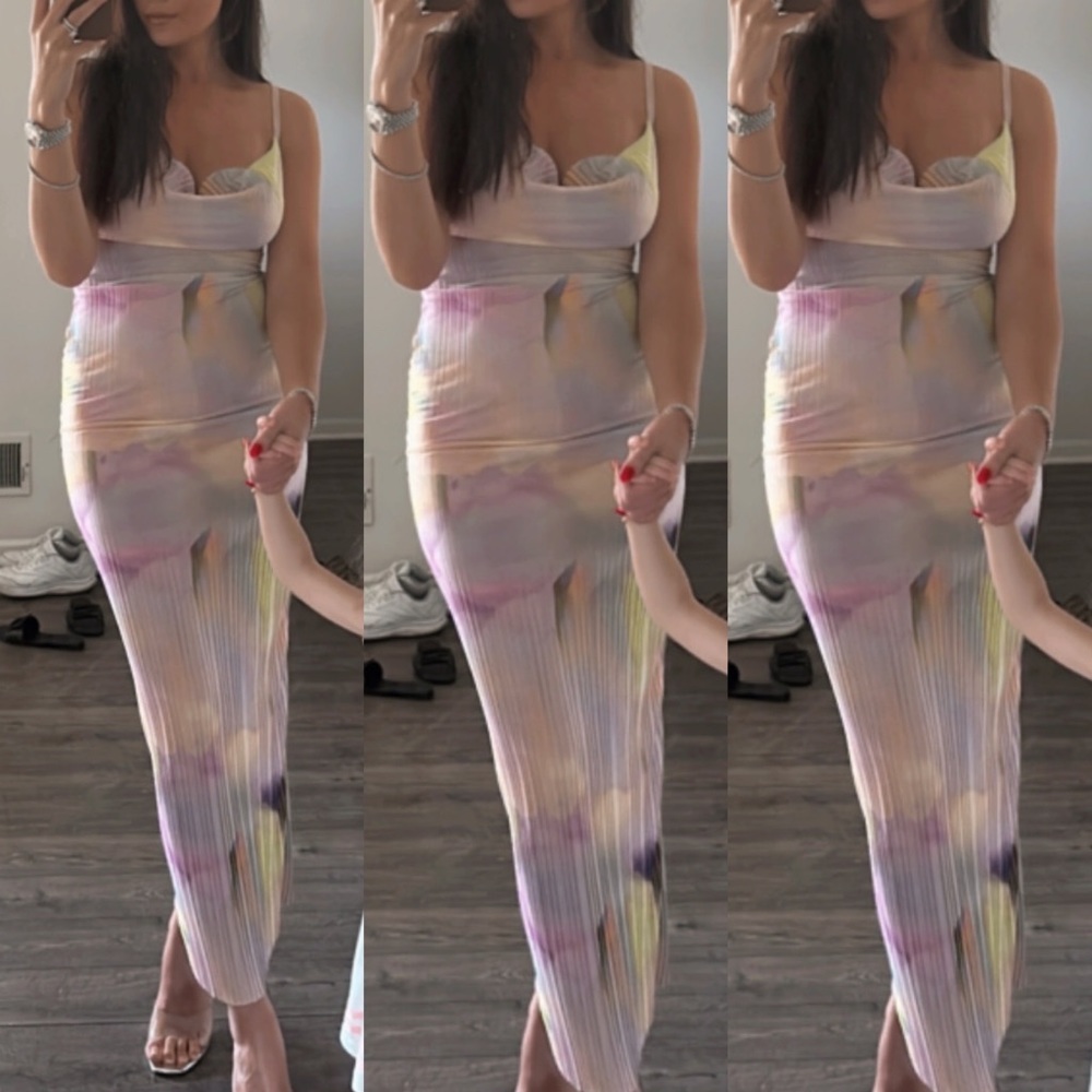 PLT Multi Watercolour Plisse Strappy Maxi Dress